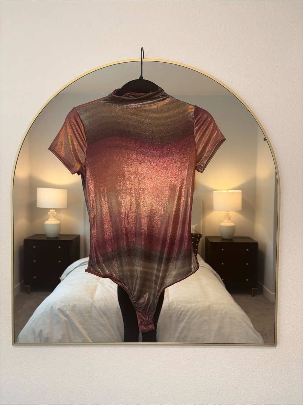Fashion Nova Metallic Ombre Short Sleeve Bodysuit - Rose, Bronze & Gold